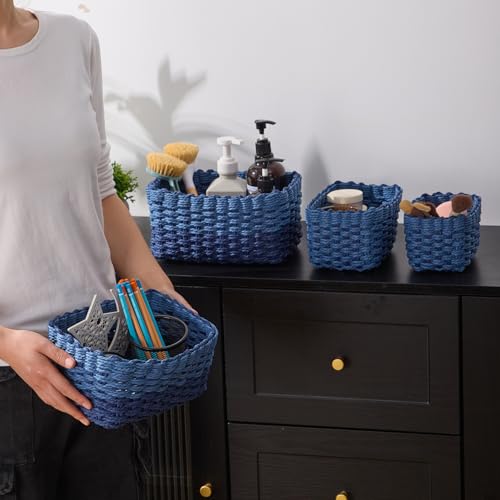 4PCS Woven Storage Baskets Set, Small Baskets for Organizing, Square Handwoven Paper Rope Organizer Bins for Shelves and Home Storage (Blue) - color: Blue