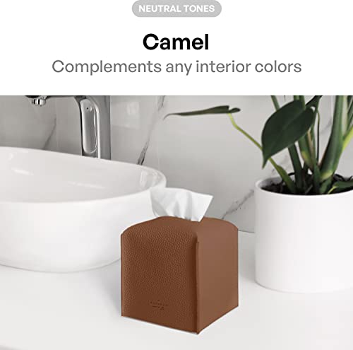 Carrotez Tissue Box Cover, [Refined] Modern PU Leather Square Tissue Box Holder - Decorative Holder/Organizer for Bathroom Vanity Countertop, Night Stands, Office Desk & Car 5"X5"X5" - Camel - color: Camel, size: [Square]