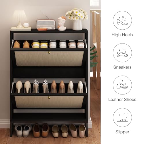 AVZEAR Narrow Shoe Cabinet with 2 Flip Drawer, Freestanding Shoe Organizer Shoe Cabinet Storage for Entryway, Slim Shoe Storage Shoe Rack for Closet with Linen Doors in Hallway, Living Room(Black) - color: Black, size: 2 Drawers Single Layer