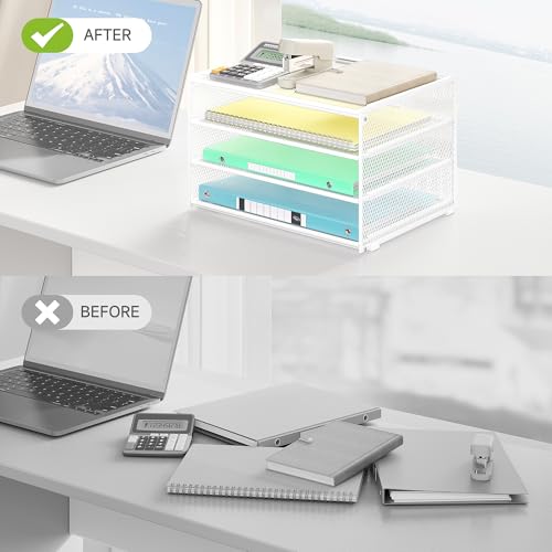 Lavatino 3-Tier Letter Tray Desk Paper Organizer – White Mesh Metal File Tray Organizer for Desk, Office Supplies & Home Organization | Fits A4/Letter Paper, Mail, Magazines and Office Accessories - color: 4-tier No Handle - White
