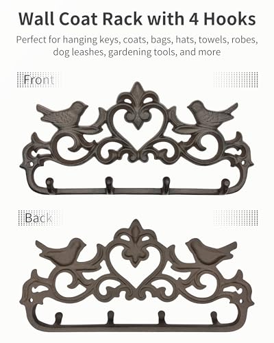 Vintage Cast Iron Wall Mounted Coat Rack with 4 Hooks - Rustic Wall Hook Rack, Farmhouse Key Holder, Heavy Duty Towel Hanger, Decorative Bird & Heart Design, Antique Black-Brown
