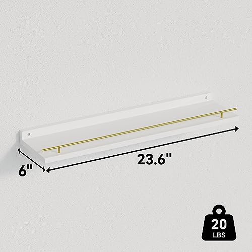 WOPITUES Floating Shelves 24 inch with Gold Metal Guardrail, Shelves for Wall Decor Set of 3, Wall Shelves for Bedroom, Bathroom, Kitchen, Living Room, Plants, Picture Frames, Art- White and Gold - color: White and Gold, size: 23.6 inch