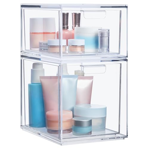 STORi Audrey Stackable Clear Bin Plastic Organizer Drawers | 2 Piece Set | Organize Cosmetics and Beauty Supplies on a Vanity | Made in USA - size: 4.5" and 6.75" Tall Set