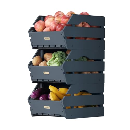 Wood Potato Onion Storage Bins - Wooden Stackable Produce Basket - Fruit Vegetable Storage for Kitchen Pantry Organization, Set 3 Pieces - color: Anthracite Grey