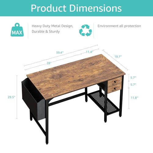 Lufeiya Computer Desk with Drawers - 40 Inch Work Reversible Small Desk for Bedroom Home Office, Simple Study Writing Table PC Desks with Drawer Storage Shelves, Rustic Brown - color: Rustic Brown, size: 40 inch
