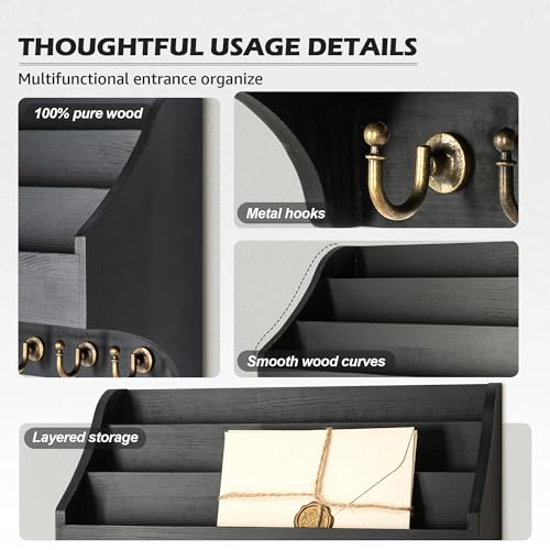 Rebee Vision Pine Wood Key Holder Wall Mount - Hanging Mail Holder for Wall with Key Hooks & 3-Tire Letter Slots - Multifunctional Wall Key Holder for Home Decor (Black) - color: Black