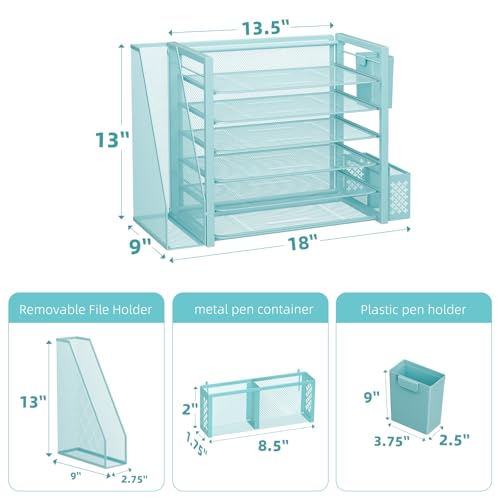 Simple Trending 6 Tier Desk File Organizer, Paper Letter Tray Organizer with File Holder and Pen Container, Blue - style: 6 Tier Blue-Pen Container