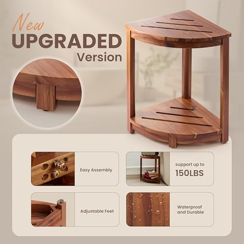 HOLANA 18" Wood Corner Shower Bench & Corner Shower Stool with Storage Shelf - Footrest for Shaving Legs - Bath Step for Small Spaces - Perfect for Indoor or Outdoor (Acacia) - color: Acacia