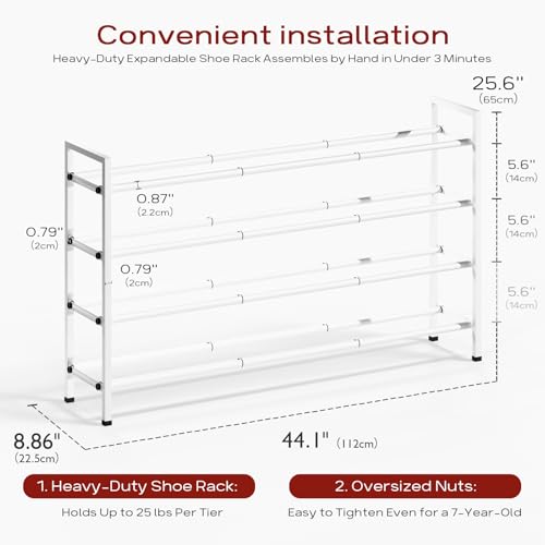 Bumusty 4-Tier Long Expandable Shoe Rack for Closet, 18"-44" Adjustable Shoe Rack for Entryway, 20-24 Pairs Large Shoe Organizer Shelf Storage, Sturdy Metal, White - color: White, size: 4-Tier