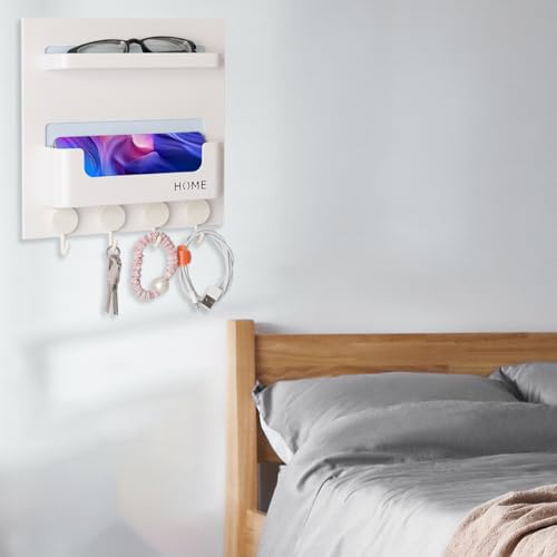 Updated Bedside Shelf Wall Mount Phone Holder Organizer Stick On Adhesive Damage Free Hanging Strips 4 Hooks Teenager Dorm Room Essentials Decoration Gasses Remotes Keys Snacks (White) - color: White
