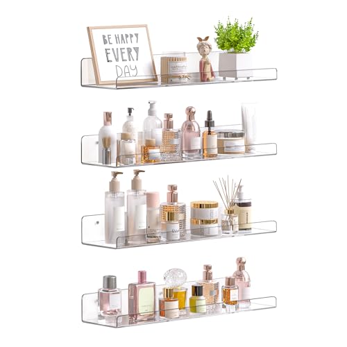 upsimples Acrylic Shelves for Bathroom Storage, 15" Floating Shelves Wall Organizer for Perfume, Make up, Skincare, Kids Bookshelf for Bedroom, Nursery, Living Room Decor, Clear, 4 Pack - color: Clear