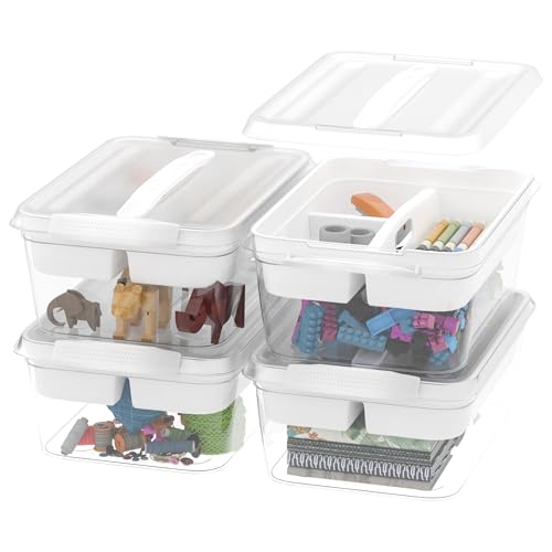 CraftGenes 4-Pack Craft Storage Box with Removable Tray, 20 QT Clear Plastic Storage Organizer with Lids, White Playdoh Storage Organizers for Crafts, Tools, Puzzles - size: 4-Pack