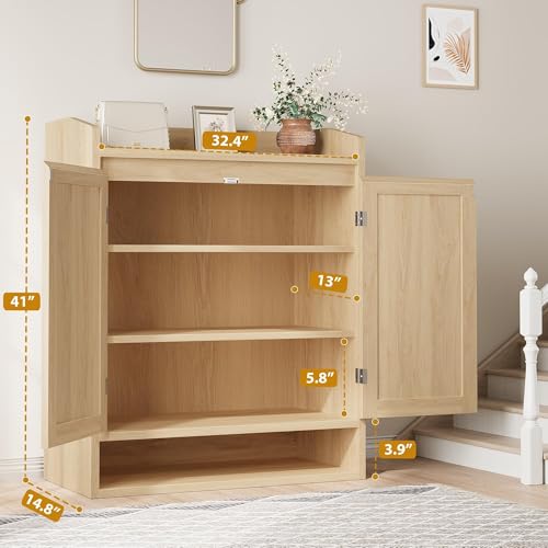 GarveeHome Modern Rattan Shoe Cabinet for Entryway, Natural Oak Wooden Shoe Storage Organizer with Doors, Adjustable Shelves Shoe Rack for Hallway, Bedroom, Living Room - color: Natural