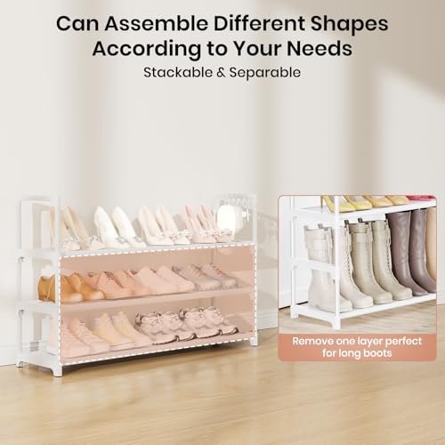 VILICK Shoe Rack for Closet Shoe Organizer Space Saver Storage for 12-15 Pair Shoe Shelf with Hook Free Standing 3 Tier Shoe Rack Organizer for Entryway, Small Spaces, White - color: White, size: 33.5"W - 3 Tier