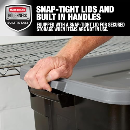 Rubbermaid Garage Storage Bins Black Plastic Stackable Storage with 3-Pack 31 GAL Capacity, Totes for Storage Home Organization Durable - Heavy Duty (31 GAL - 3 Pack Solid Black and Grey) - size: 31 Gal - 3 Pack