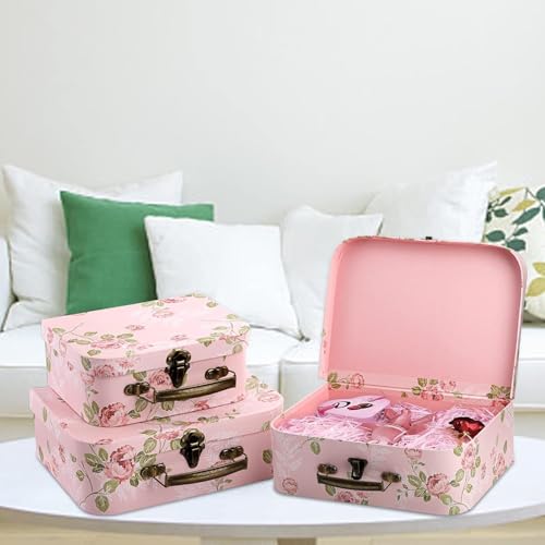 Fasmov 3 Pack Paperboard Suitcases Storage Box Decorative Storage Boxes Gift Boxes With Lids for Photo Storage Home Decoration, Wedding, Birthday, Anniversary, Pink