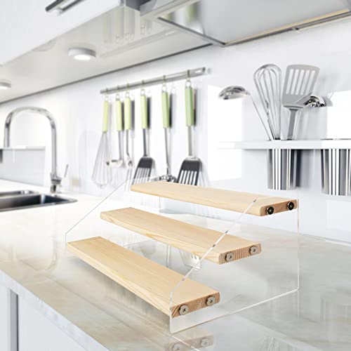 Tiered Spice Rack Acrylic Wood Board Spice Rack Organizer for Cabinet, Seasoning Organizer Spice Shelf, Space Saving Clear Stand Step Can Organizer for Kitchen Countertop Storage, 3 Tier - color: 3 Tier - Wood