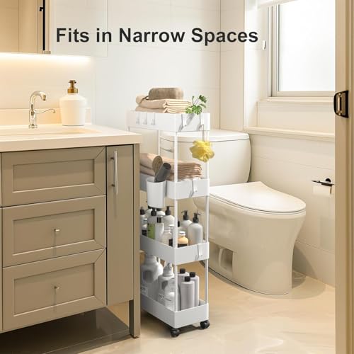 Pipishell Slim Storage Cart with Wheels, 4 Tier Bathroom Storage Organizer Rolling Utility Cart for Bathroom Kitchen Laundry Room Office Narrow Place (White) - color: White, size: 4-Tier