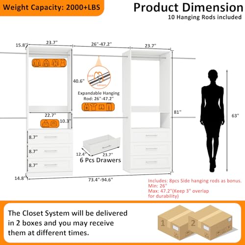 vomavex Closet System of 2 Set, 4-18FT Closet Organizer System with 10 Hanging Rods & 6 Wood Drawer & Adjustable Shelves, Walk in Closet Storage System, Free Standing Closet System, White - color: 4-18ft
