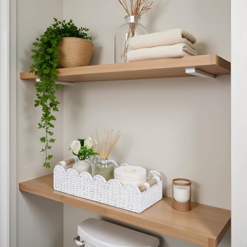 CubesLand Scalloped Edge Toilet Paper Storage Basket, Living Room Home Cozy Decor Basket, Paper Rope Small Baskets for Over Toilet Storage Shelf, End Table, Shelves, with 2 Wooden Handles, White - color: White, size: M - 14"L x 6.3"W x 3.9"H