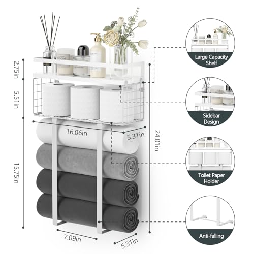 Towel Racks for Bathroom, Bathroom Shelf Over Toilet,Floating Shelves with Towel Rack Paper Holder Storage Basket,Floating Shelves for Wall Decor,White - color: White, size: Large