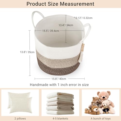 Mkono Woven Storage Basket Decorative Natural Rope Basket Wooden Bead Decoration for Blankets,Toys,Clothes,Shoes,Plant Organizer Bin with Handles Living Room Home Decor, 16" W × 13.8" L - color: Gradient Brown, size: 16" W × 13.8"L