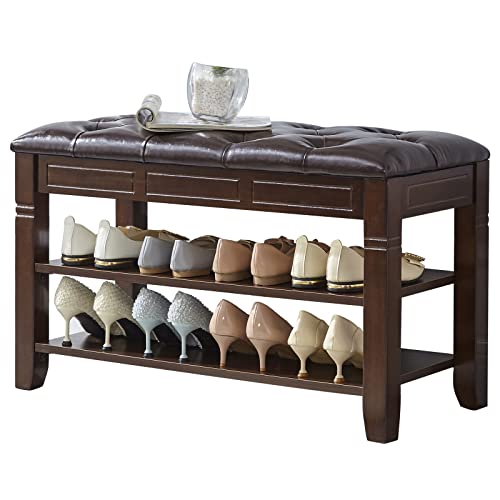 LEILISI Shoe Bench, Storage Rack Organizer with Cushion 2 Tier Lift Top Shoe Rack for Entryway Living Room Bedroom Hallway Wooden Furniture (Brown, 31.5'') - color: Brown, size: 31.5