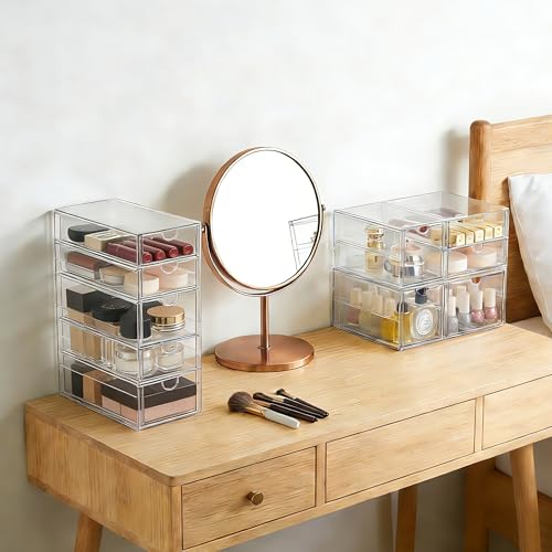 Prsildan Acrylic Drawer Makeup Organizer with 9 Drawers, Set of 3 Office Desk Organizers Accessories, Clear Stackable Storage Drawers for Vanity, Countertop, Craft, Jewelry, Art Supply Organization - style: 9 Drawers