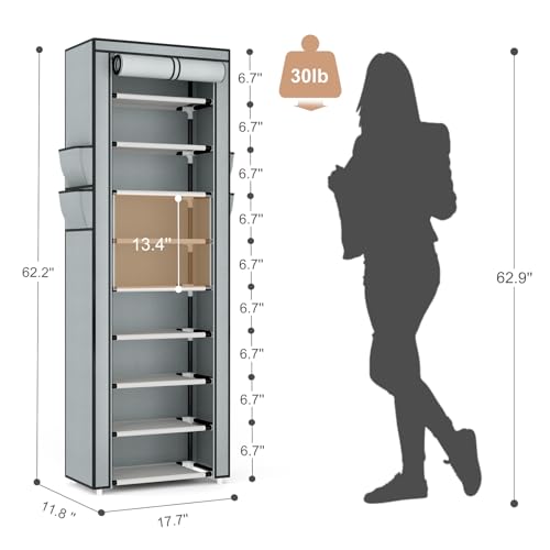 VILICK Shoe Rack with Cover Narrow Shoe Rack Organizer with 4 Side Pockets 10 Tier Tall Shoe Storage Shoe Shelf Holds 18-22 Pairs Shoes and Boots Shoe Rack for Closet, Grey - color: Grey, size: 10 Tiers-17.7" Wide