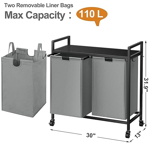 WOWLIVE Double Laundry Hamper with Lid,Rolling Laundry Basket Organizer with Wheels, Iron-Made Laundry Sorter with Top Shelf and 2 Removable Bags,Large Clothes Storage for Room,Gray - color: Gray, size: 110L (30.0 x 13 x 32 Inches)