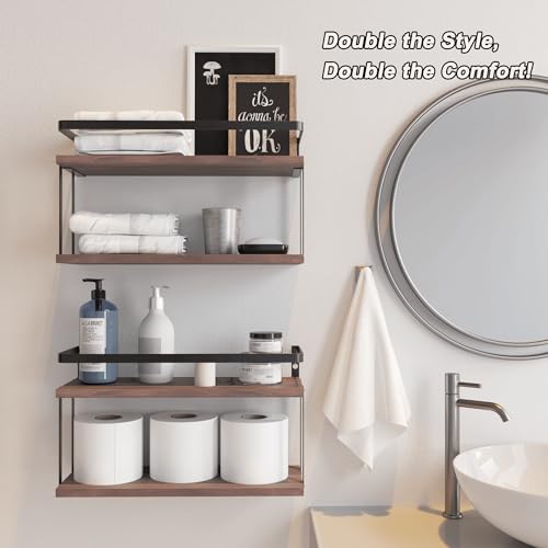 RICHER HOUSE Dual-Level Guardrail Bathroom Shelves, Wood Floating Shelf Wall Mounted, Over Toilet Paper Storage Shelf for Bathroom Wall Decor, Bathroom Organizers and Kitchen Storage - Rustic Brown - color: Rucstic Brown, size: 2 in 1
