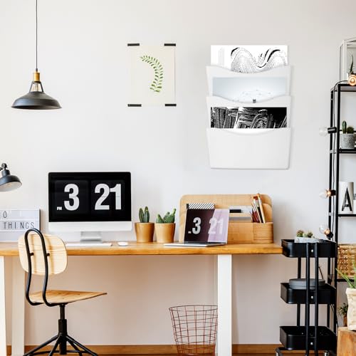 Colarr 6 Pack Expandable Pocket Wall File Holder Plastic Hanging Wall Organizer Space Saving Wallmount File Holder for Office Mail Letter Magazine(White) - color: White