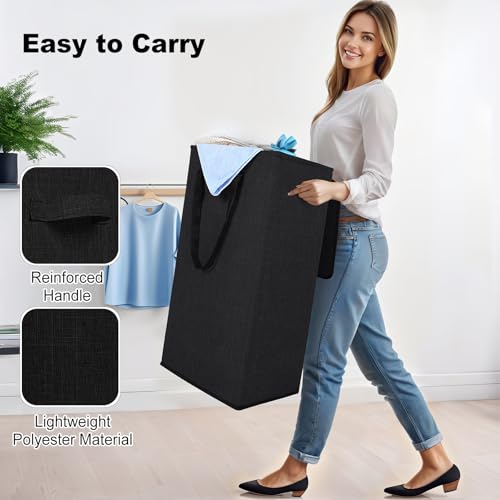 Odonata 75L Slim Laundry Hamper with Lid,Large Foldable Laundry Basket with Removable Bag and Handles Tall Collapsible Dirty Clothes Basket Great for Bedroom, Bathroom, Dorm, College,RV.(Black, 75L) - color: Black