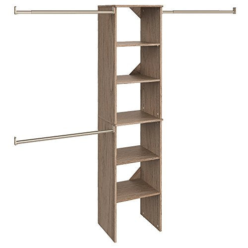 ClosetMaid SuiteSymphony Wood Closet Organizer Starter Kit with Tower and 3 Hang Rods, Shelves, Adjustable, Fits Spaces 4 – 9 ft. Wide, Natural Gray - color: Natural Gray, style: Starter Tower Kit