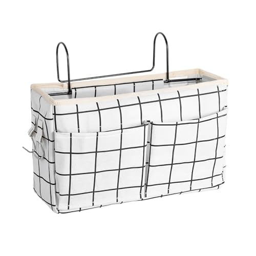 Bedside Caddy Organizer Hanging Storage Basket with Large Pockets & Hooks, Heavy-Duty Canvas Bedside Organizer for Bunk Beds, Dorm Rooms, Hospital Beds & Small Spaces (White Grid Pattern) - color: White Grid Pattern