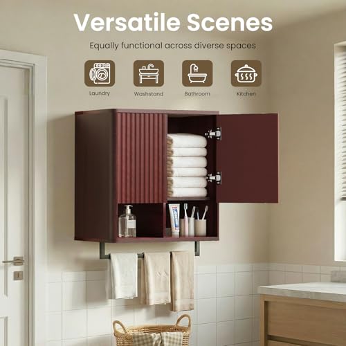 Bathroom Wall Storage Cabinet, Over The Toilet Medicine Cabinet, Hidden Storage & Open Shelves, Small 2-Door Multi-Functional Bathroom Organizer with Towel Bar for Bathroom & Kitchen - color: Dark Mahogany Brown