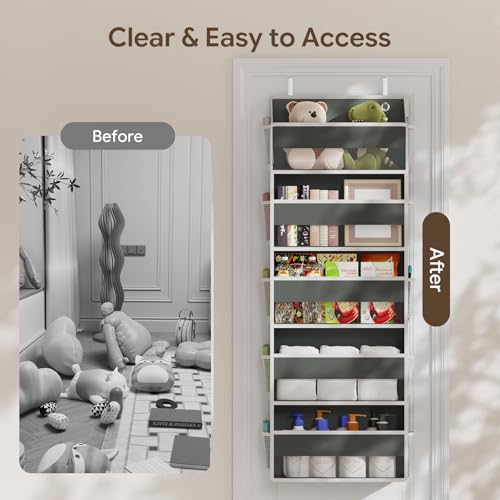 Simple Trending Over The Door Organizer, 5 Large Pockets and 10 Mesh Side Pockets with Clear Window for Bedroom, Bathroom, Pantry and Nursery, Dark Grey