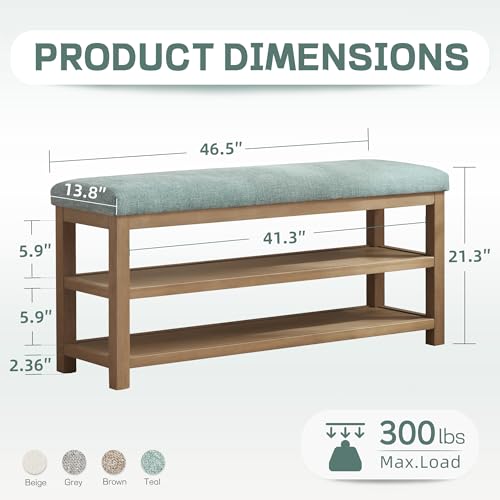 Zihanhome Shoe Rack Bench with Cushion, 2 Tier Solid Wood Storage Bench, Mid-Century Modern Shoe Bench for Entryway, Hallway, Closet, Front Door Entrance, Foyer (Teal, 46.5") - color: Teal, size: 46.5"