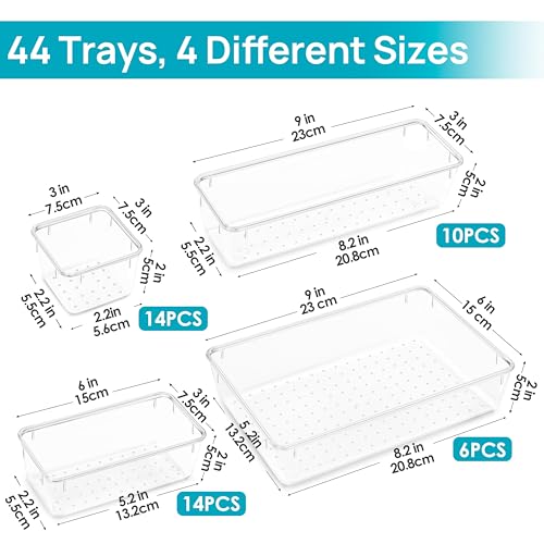 Vtopmart 44 PCS Clear Plastic Drawer Organizers Set, 4-Size Versatile Bathroom and Vanity Organizer Trays, Non-Slip Storage Containers for Makeup, Jewelries, Bedroom，Kitchen Utensils and Office - color: Clear