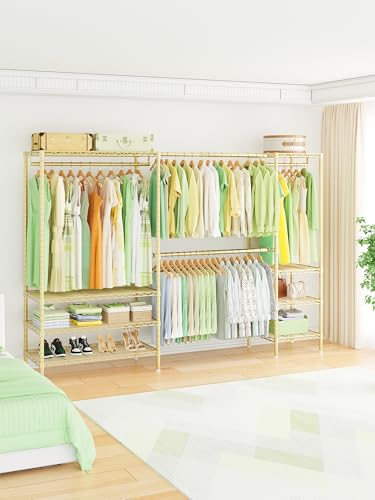 Ulif E11 Heavy-Duty Garment Rack, Metal Freestanding Clothes Rack and Closet Storage Organizer System with 8 Shelves and 4 Hanger Rods, (73.2-97.6)" W x 14.5" D x 71.2" H, Load 1034 LBS, Gold - color: Gold