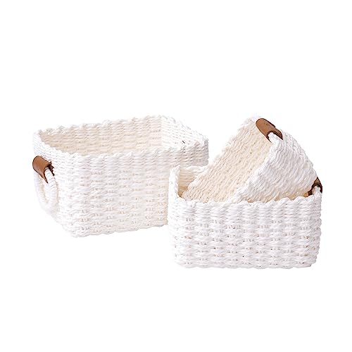 LA JOLIE MUSE Woven Storage Baskets for Organizing, Recycled Paper Rope Basket Bin Divider for Makeup Towel Shelf Cupboards Drawer Closet Dresser, Decorative White Storage Basket Set of 3 - color: White