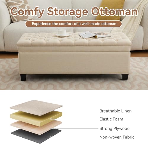 WUTUTUEE 51" Fabric Storage Ottoman Bench, Upholstered Rectangle End of Bed Storage Ottoman Tufted Living Room Bedroom Bench with Safety Hinge, Solid Wood Legs, Loads 500 lb(Khaki) - color: Khaki-fabric