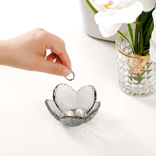 Grey Flower Jewelry Dish Glass Ring Dish Jewelry Tray Cute Vanity Organizer Room Decor Aesthetic Nightstand Bathroom Decor Trinket Dish Ring Holder Dish House Warming Gifts Stocking Stuffers for Women - color: Grey