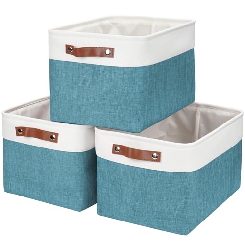 Bagnizer Storage Bins Large Fabric Storage Baskets for Shelves 3 Pack, Decorative Linen Closet Baskets with Handles for Organizing, Shelf, Clothes, Home, Office, 15x11x9.5Inches (Teal&White) - color: Teal / Off-White, size: Large -15"x11"x9.5"