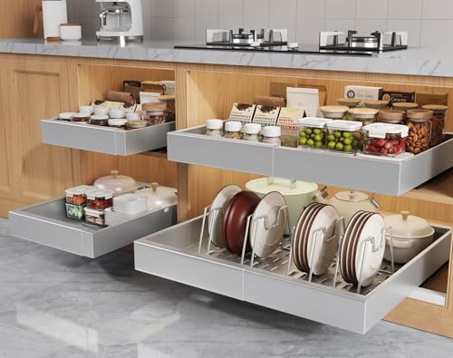 Seinloes 4 Pack Pull Out Cabinet Organizers 21" Deep With Raising Pad for Framed Cabinets, Expandable Slide Out Drawers with 4pcs Divider Racks, Roll Out Shelves, Adjustable Width 12"-20.45" Silver - color: Silver, size: 12"-20.45"Wide x 21"Deep(4 Pack)
