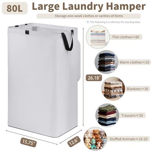 80L Large Laundry Hamper with Lid, Foldable Laundry Bag for Washing Machine with Removable Inner Bag, Dirty Hampers for Bedroom, Bathroom,Laundry Room, College (White) - color: White