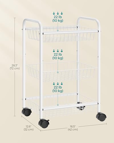 SONGMICS 3-Tier Metal Rolling Cart, Storage Cart with Removable Baskets, Utility Cart with Wheels and Handle, for Kitchen, Bathroom, Laundry Room, White UBSC003W01 - color: White
