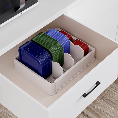 SWOMMOLY Expandable Food Storage Container Lid Organizer, Includes 6 Adjustable Dividers, 30 Preprinted and Blank Writable Labels, White - size: Large