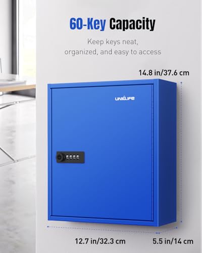 Uniclife 60 Keys Key Lock Box with Code, Wall Mount Key Box, Key Cabinet with Key Racks and Tags, Lock Box for Keys, Key Lockbox, Key Storage Box for Home Office & Company, Blue - color: Blue, size: 60 Keys