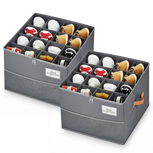 Shoe Organizer for Closet, Foldable Shoe Storage Organizer Containers with Clear Cover, Space Saving Shoes Holder with Handles, Gray (2, Large) - color: Grey-2pcs Large